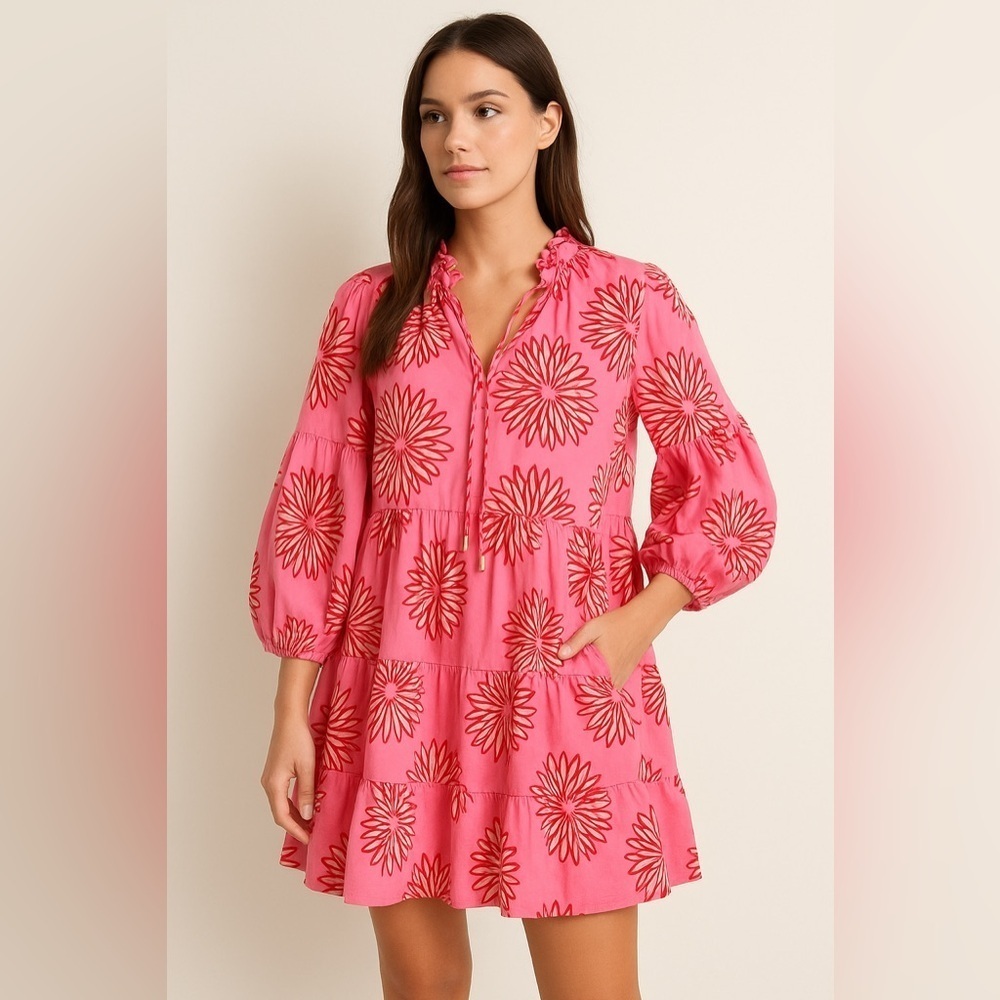 J.Marie Pink Floral Tiered Peasant Dress Size M | Lined | Boho Resort Style